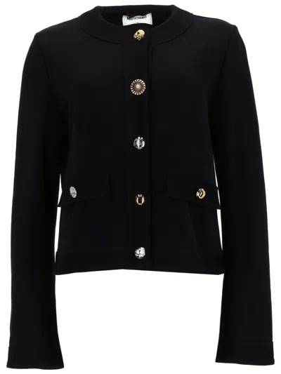 Moschino Knit Cardigan Buttons Round Neck Pockets In Black