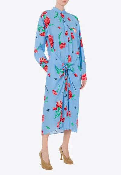 Moschino Carnation Print Knotted Midi Shirt Dress In Light Blue