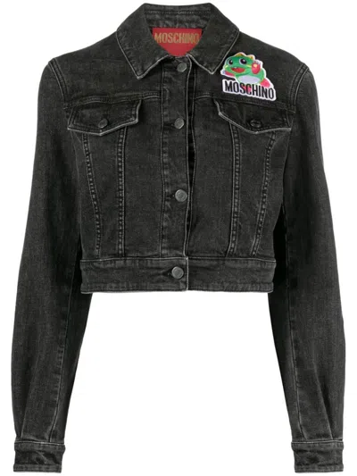 Moschino Cartoon-appliqué Cropped Denim Jacket In Black