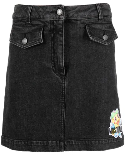 Moschino Cartoon-embroidered A-line Denim Skirt In Black