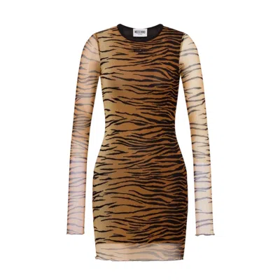 MOSCHINO CASUAL WOMAN CLOTHES MOSCHINO JEANS - TULLE DRESS TIGER PRINT - BROWN