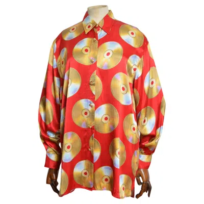 Pre-owned Moschino Cd Print 1990s Compact Disc Music Pattern Red Satin Shirt