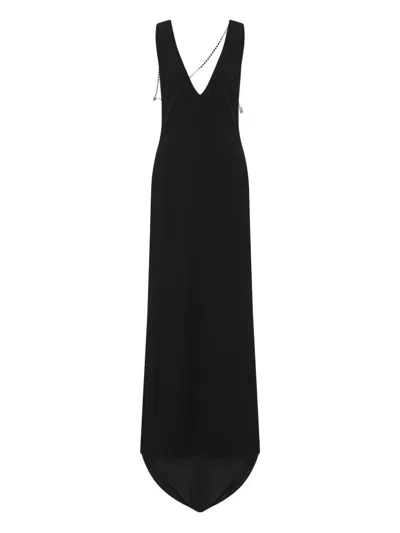 Moschino Chain Detail Floor Length Nylon Silk Dress In Black