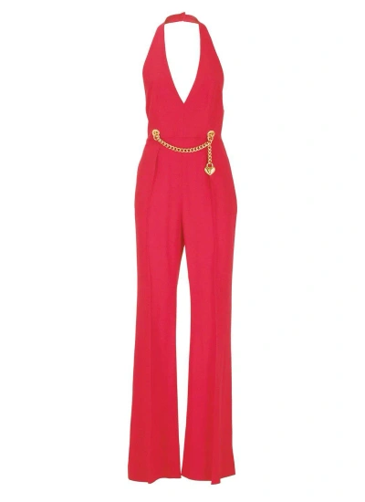 Moschino Chain-embellished Open-back Haltrneck Jumpsuit  In Red