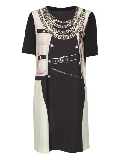 Pre-owned Moschino Chain-print Midi Dress In Black