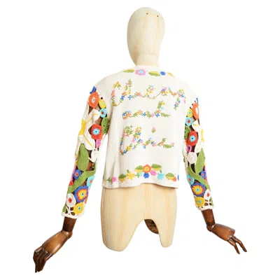 Pre-owned Moschino Cheap And Chic 1990's Franco Moschino Floral Crochet Knit Open Cardigan - Colourful Sweater In Sand