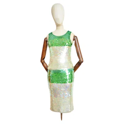 Pre-owned Moschino Cheap And Chic 2000's Moschino Giant Iridescent Sequin Sparkly Tank Top & Skirt Set In Sand
