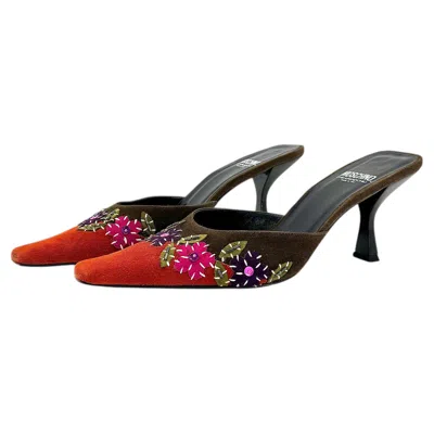 Pre-owned Moschino Cheap And Chic Beaded Sequined Floral Slip On Heeled Mules Sandals 38 In Black