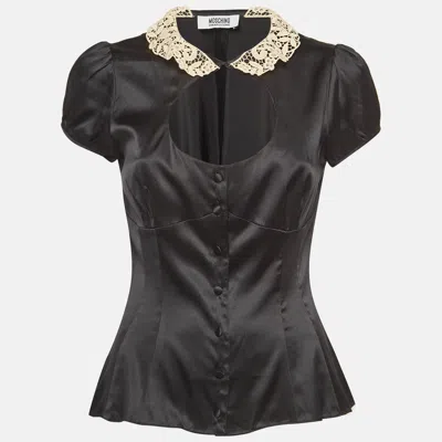 Pre-owned Moschino Cheap And Chic Black Lace Collar Satin Blouse M