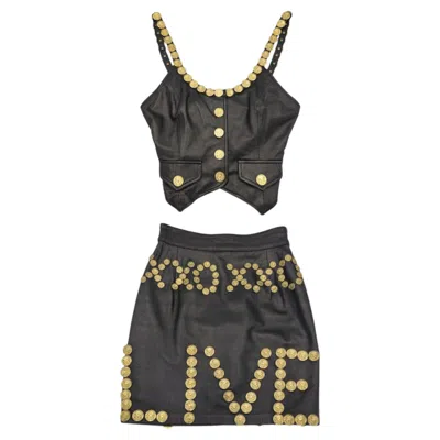 Pre-owned Moschino Cheap And Chic Moschino Cheap&chic Black Leather And Golden Metal Coins Top And Skirt Set