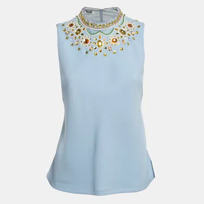 Pre-owned Moschino Cheap And Chic Blue Embellished Crepe Sleeveless Top S