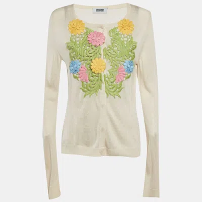 Moschino Cheap And Chic Cream Knit Floral Applique Detail Cardigan In White