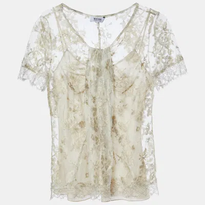 Moschino Cheap And Chic Gold Floral Lace Half Sleeve Top In Gray