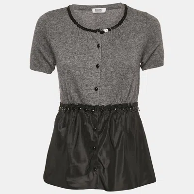 Pre-owned Moschino Cheap And Chic Grey Embellished Wool And Crepe Flared Top M