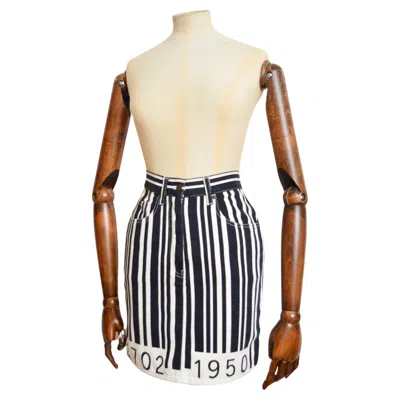 Pre-owned Moschino Cheap And Chic Iconic 1990s Cheap & Chic Franco Moschino Barcode Stripe Denim Pencil Mini Skirt In Sand