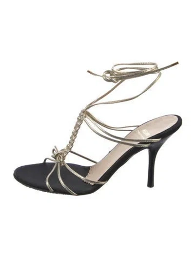 Pre-owned Moschino Cheap And Chic Leather Bow Accents T-strap Sandals In Black/gold