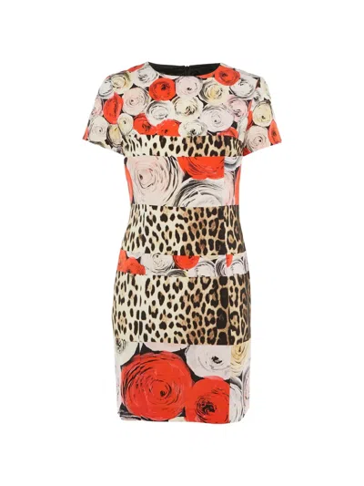 Pre-owned Moschino Cheap & Chic Leopard And Rose-print Short-sleeve Dress In Neutral
