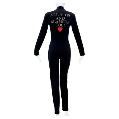 Pre-owned Moschino Cheap And Chic Moschino "all This And Glamour Too" Embroidered Heart Black Velvet Jumpsuit