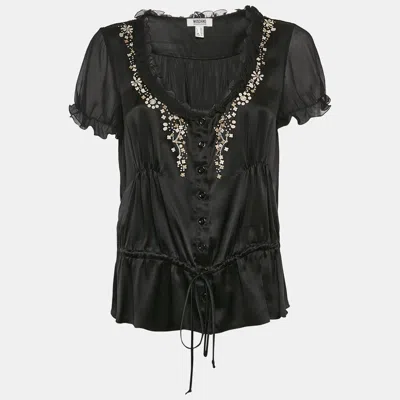 Pre-owned Moschino Cheap And Chic Moschino Black Embroidered Satin Silk Ruffled Detail Blouse M