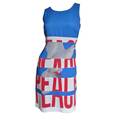 Pre-owned Moschino Cheap And Chic Moschino Blue Colorblock Dress With Peace & Stop War Lettering & Photo Images