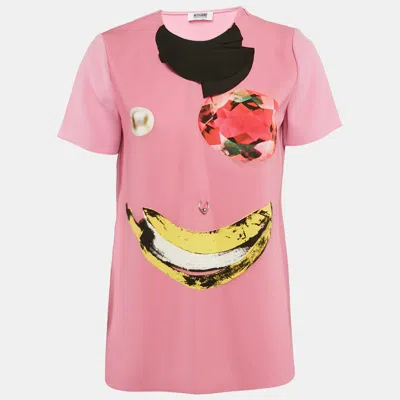 Pre-owned Moschino Cheap And Chic Pink Printed Crepe Metal Ring Detail Top S