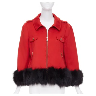Pre-owned Moschino Cheap And Chic Red Black Real Fur Trim Wool Biker Style Jacket It46 Xl