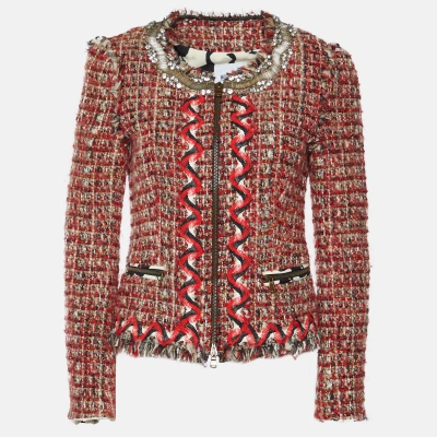 Pre-owned Moschino Cheap And Chic Red Tweed Embellished Jacket M