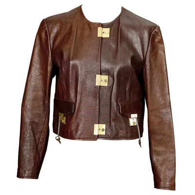 Pre-owned Moschino Cheap And Chic Vintage 1989  Lock Key Brown Leather Cropped Jacket