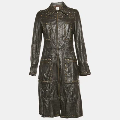 Moschino Cheap And Chic Vintage Brown Leather Studded Long Coat In Green