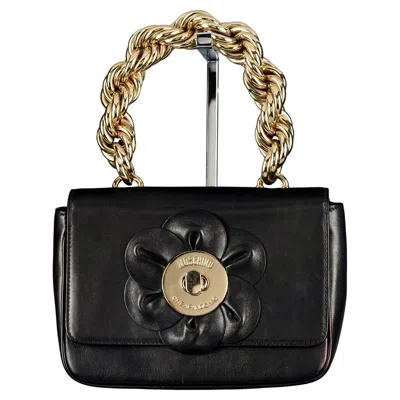 Pre-owned Moschino Cheap And Chic Vintage Moschino Flower Massive Rigid Chain Top Handle Leather Shoulder Bag In Black