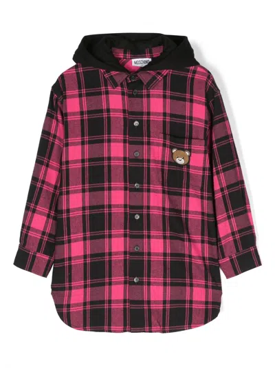 Moschino Kids' Check-print Hooded Shirt Dress In Pink