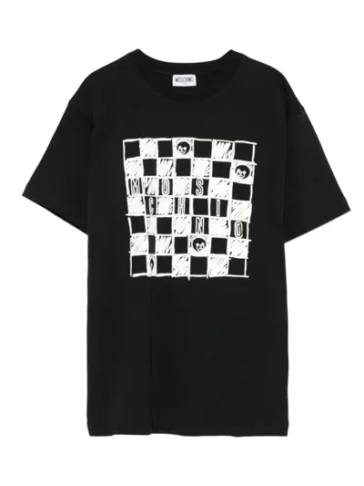Moschino Kids' Checkerboard-logo T-shirt In Black