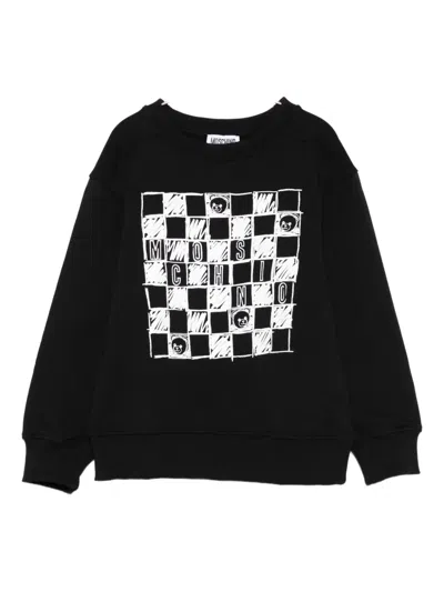 Moschino Kids' Checkerboard Teddy Bear Sweatshirt In Black