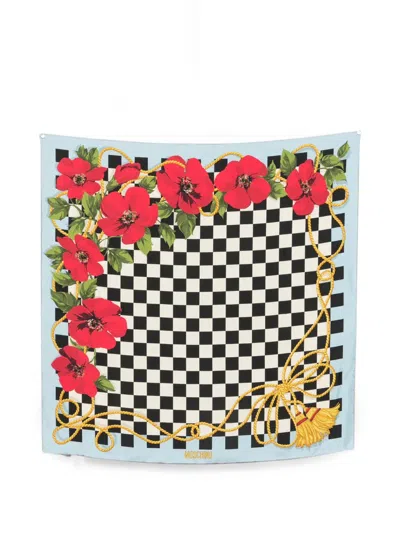 Moschino Check-print Floral-print Scarf In Blue