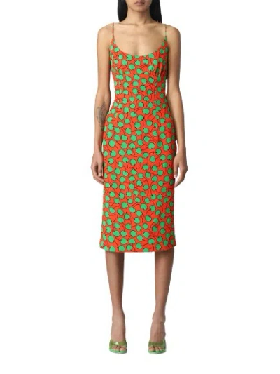 Moschino Cherry Print Viscose Dress With Back Slit In Red