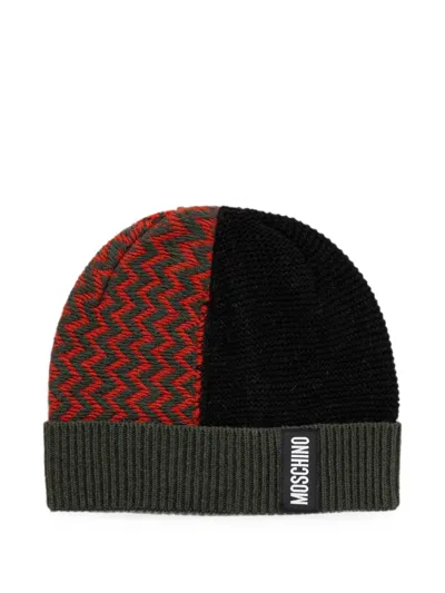 Moschino Chevron Colourblock Beanie Hat In Black
