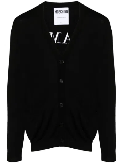 Moschino Slogan-embroidered Cardigan In Black