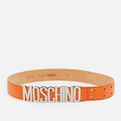 Pre-owned Moschino Classic Logo 85 Cm Waist Belt Orange Leather