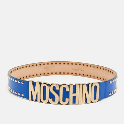 Pre-owned Moschino Classic Logo Studded 85 Cm Waist Belt Blue Leather