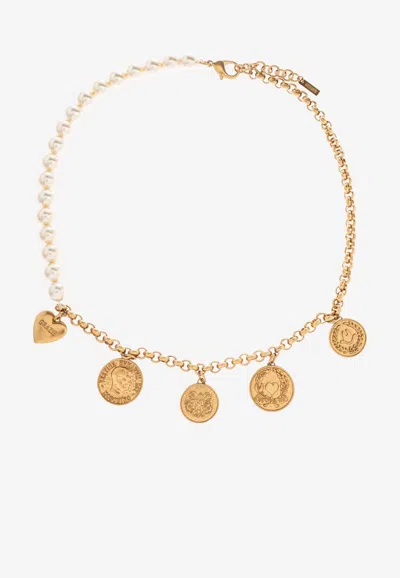 Moschino Coin Pendant And Pearl Necklace In Gold