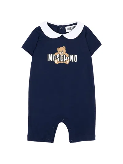 Moschino Babies' Collared Teddy-print Romper In Blue
