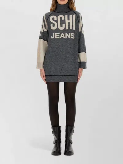 Moschino Color Block Turtleneck Long Sleeve Dress In Gray