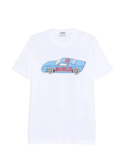 Moschino Colorful Graphic Sports Car T-shirt With Classic Crew Neckline In White