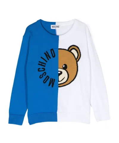 Moschino Kids' Colour-block Logo-intarsia Jumper In Blue