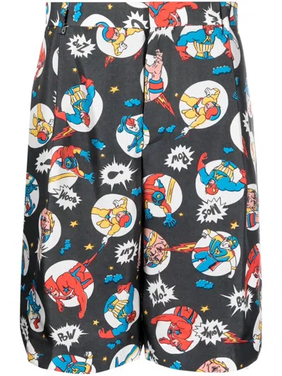 Moschino Comic-print Silk Shorts In Blue