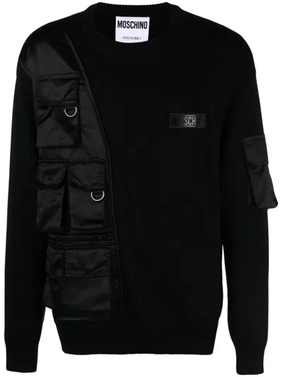 Moschino Contrast Panel-detail Ribbed-knit Jumper In Black