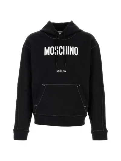 Moschino Cotton Hooded Sweatshirt Kangaroo Pocket Stitching In Black
