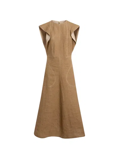 Moschino Contrast-stitch Ruffled Midi Dress In Brown