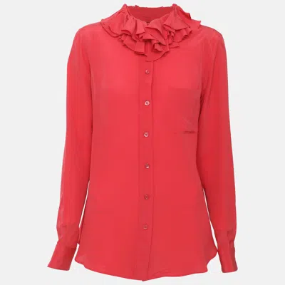 Pre-owned Moschino Coral Red Crepe Ruffled Neck Blouse M