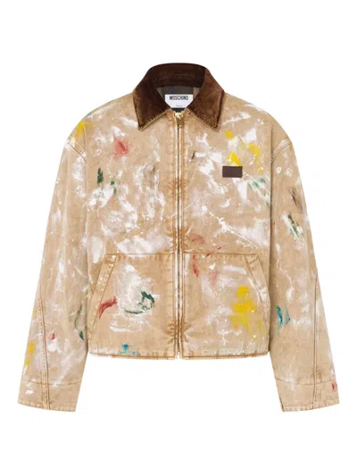 Moschino Corduroy-collar Paint-splatter Jacket In Neutral